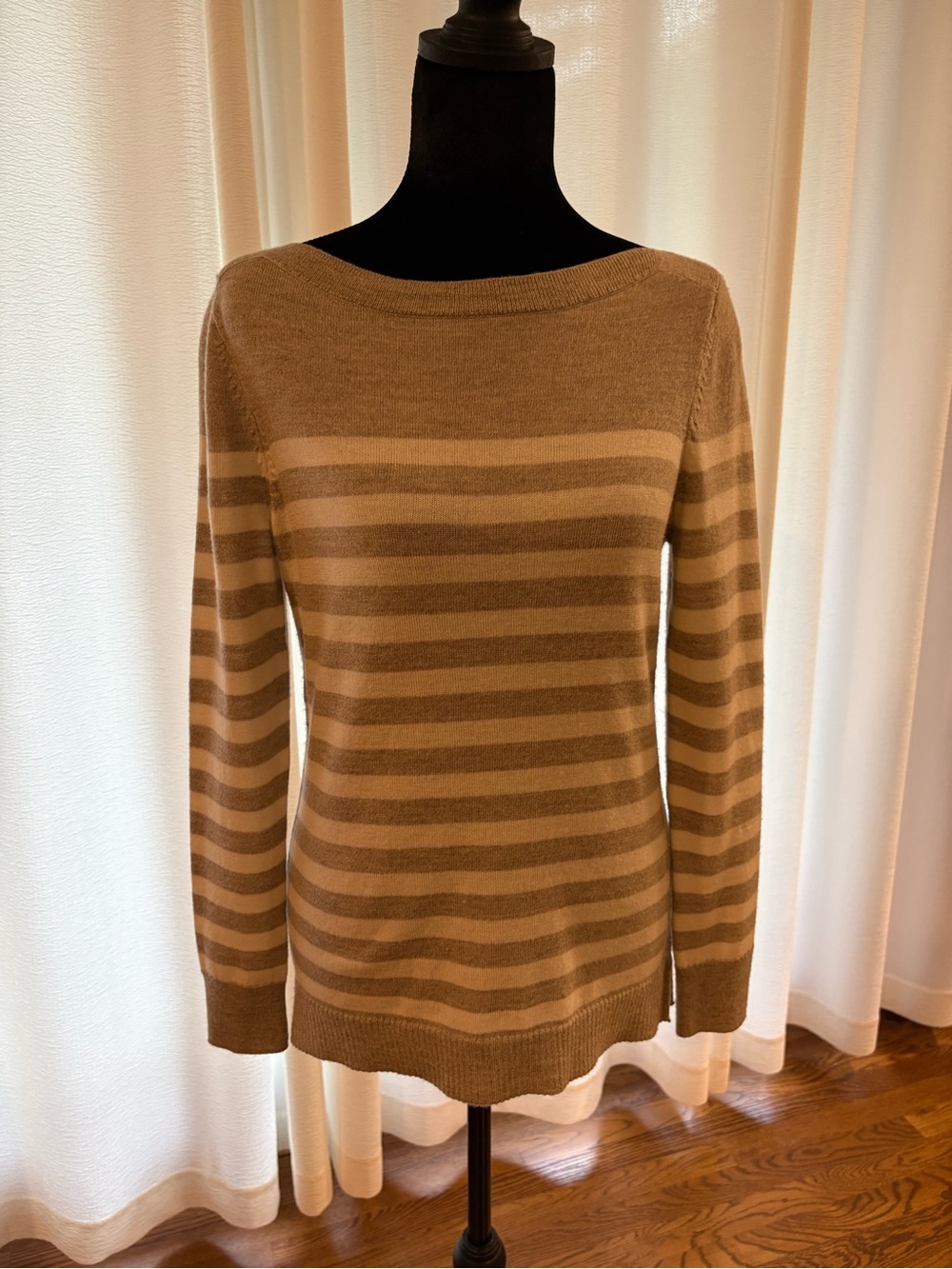 Talbots Tan and Cream Striped Boatneck Sweater